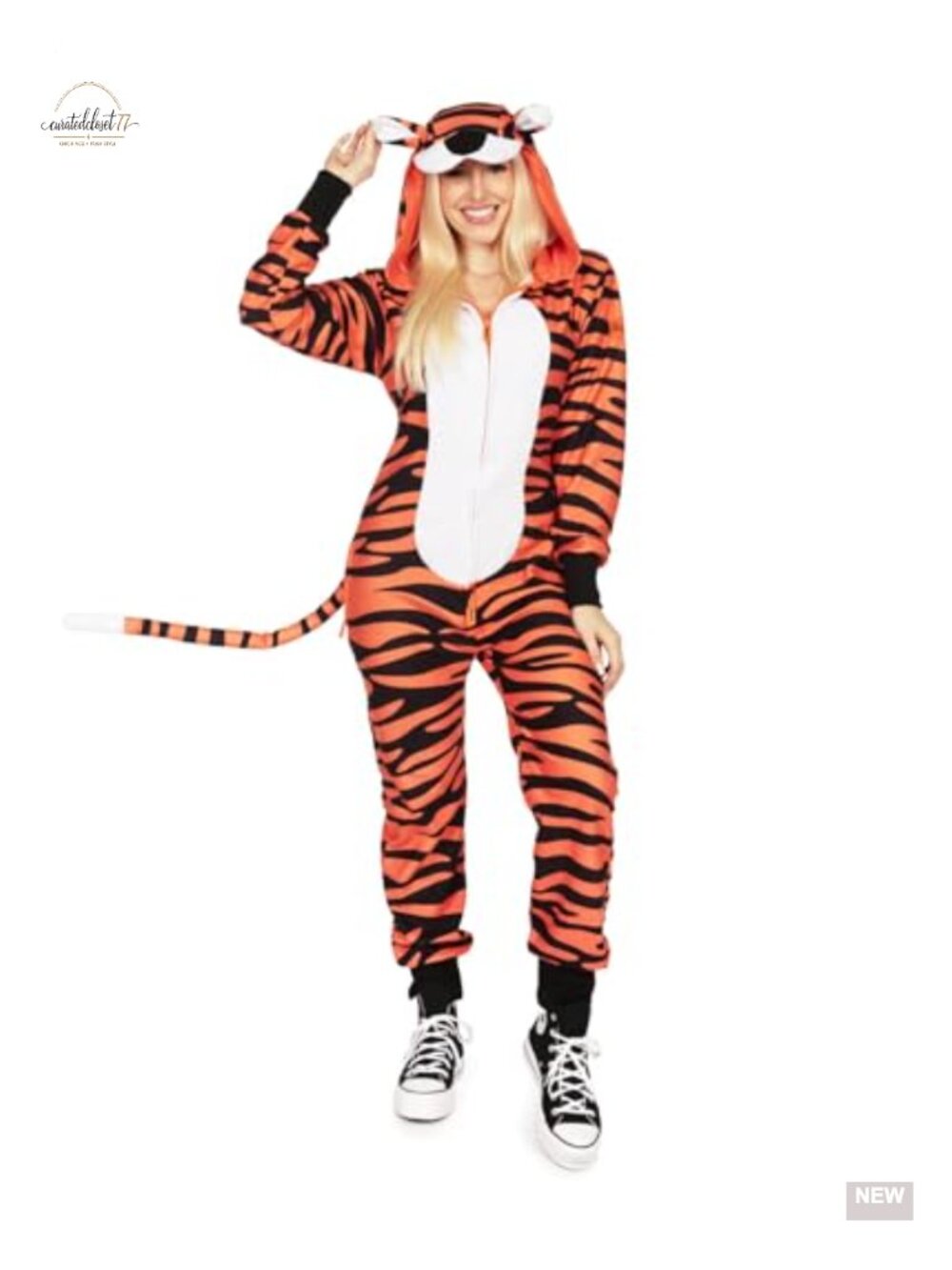 Women's Tiger Halloween Costume Faux Fur Jumpsuit with Hood & Pockets